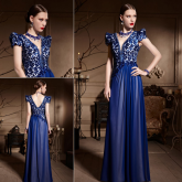 Cod.: 30628 - Vestido de Festa Azul  Decote Profundo