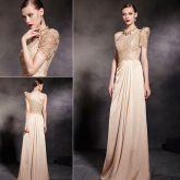 Cod.: 30605 - Vestido de Festa Beige com Renda Brocada